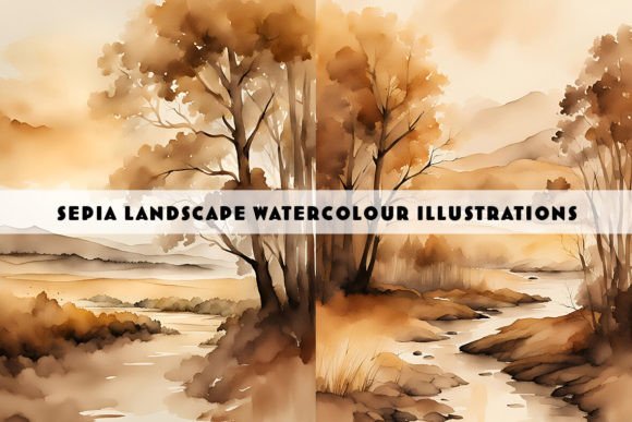 Sepia Landscape Watercolour Duo: Elevating Digital Design with Timeless Texture