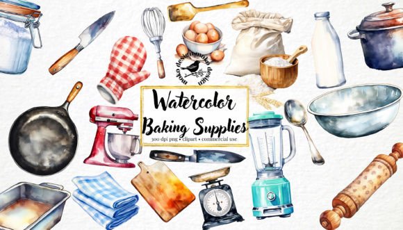 Watercolor Baking Supplies Clip Art Set